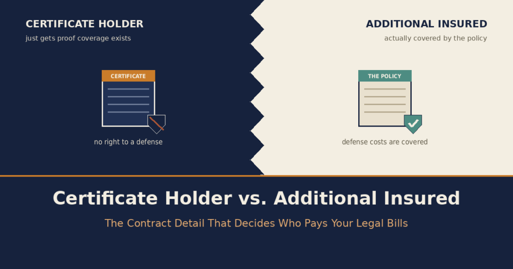 Certificate Holder vs. Additional Insured: The Contract Detail That Decides Who Pays Your Legal Bills
